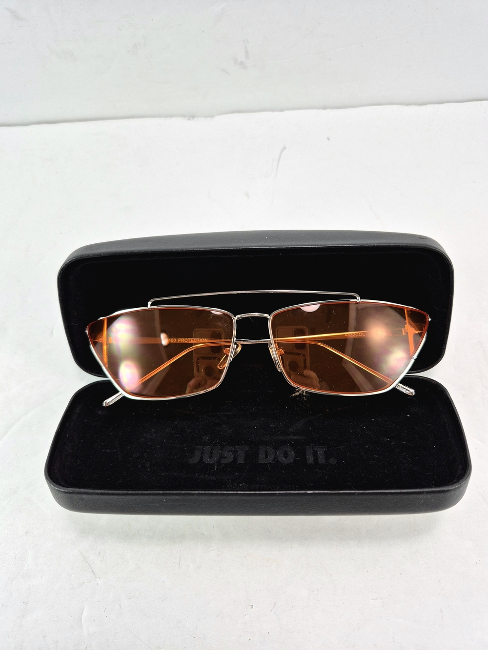 NWOT Nike Double Bridge Metal Geometric Cat Eye Sunglasses Orange Tint Y2K Retro